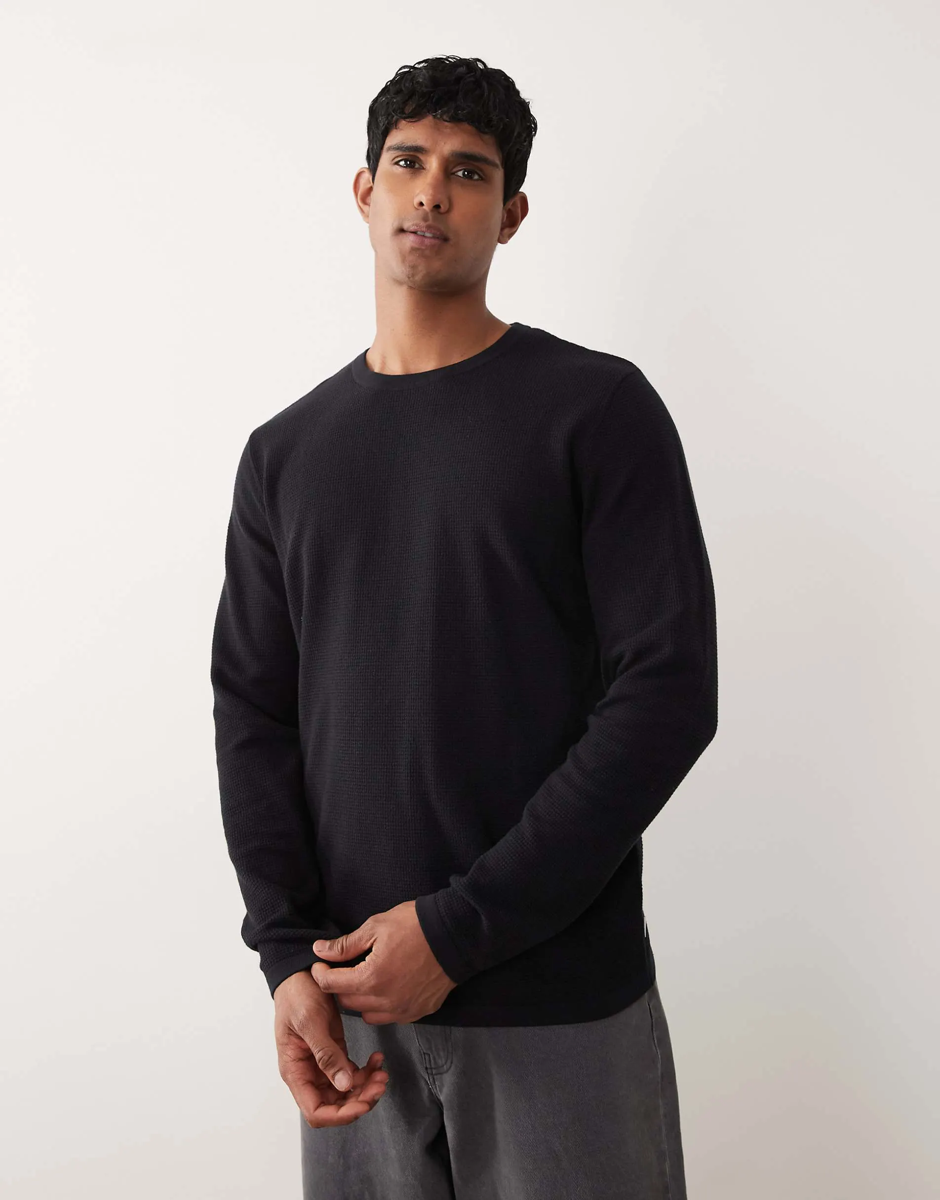 Jack & Jones waffle knit jumper in black