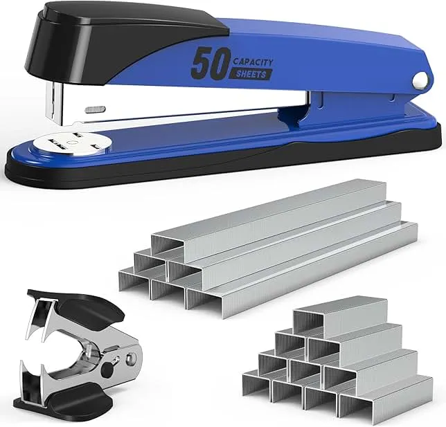 Metal Stapler Heavy Duty 50 Sheet Capacity with 1750 Staples and Staple Remover, Full Strip Staplers for Desk, No Jam, Non-Slip for Office & Classroom, Blue