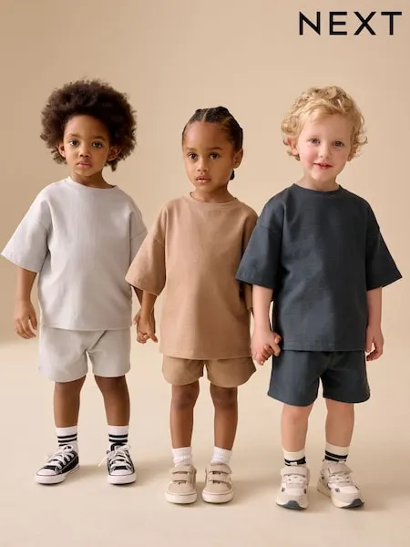 Black/Brown/Neutral Textured Short Sleeve T-Shirt and Shorts Set 3 Pack (3mths-7yrs)