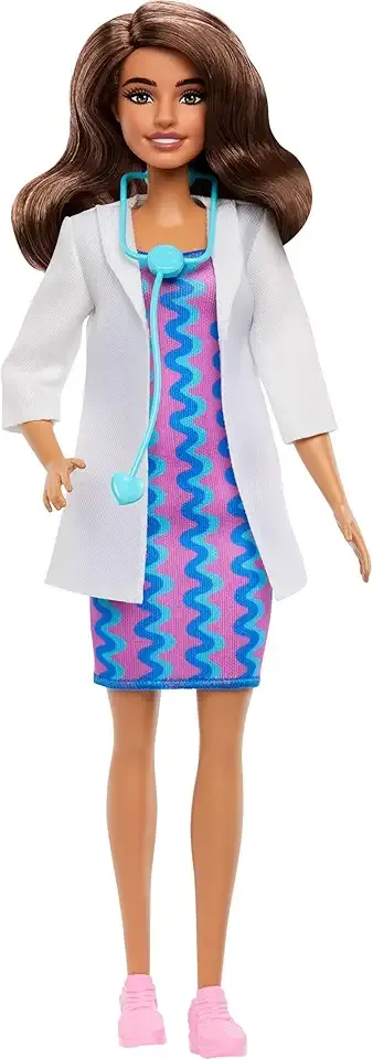 Careers Doctor Fashion Doll Wearing Removable Look with White Coat, Dress & Shoes, Plus Stethoscope Accessory