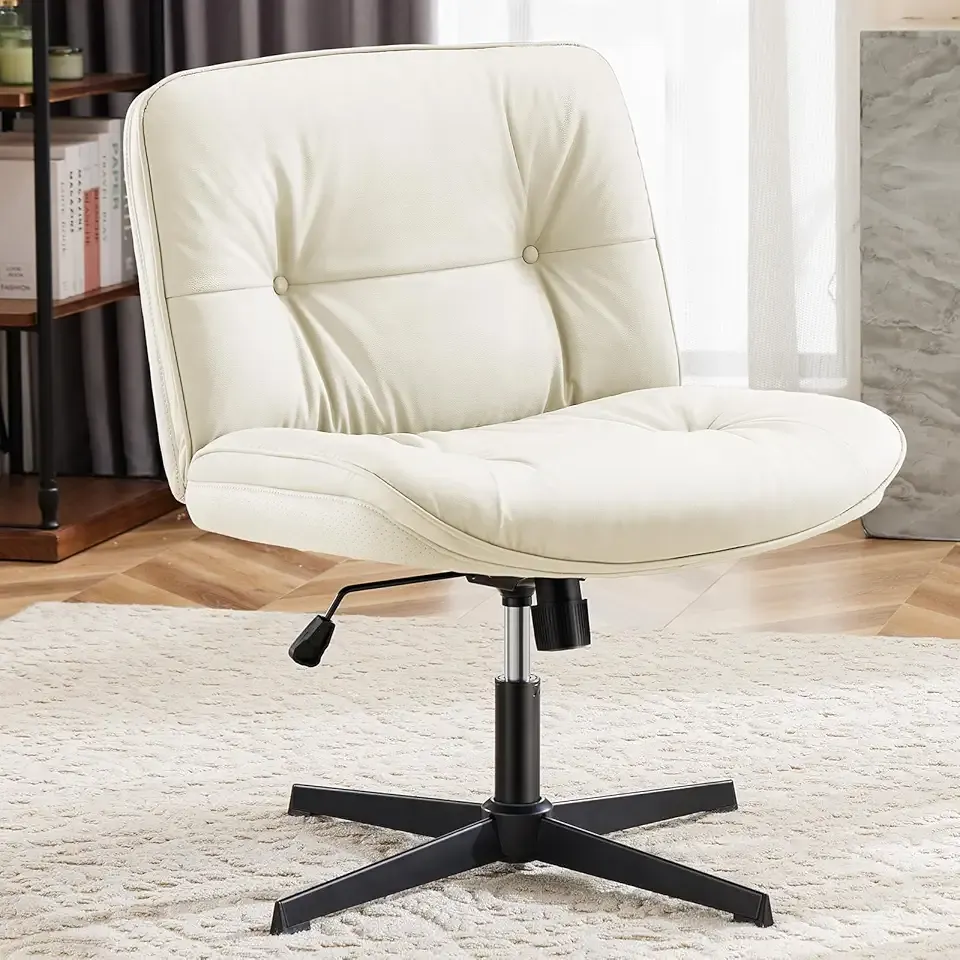 OLIXIS Criss Cross Chair Without Wheels, Cross Legged Office Chair, Armless Wide Vanity Desk Chair with Comfy PU Leather& Back - Swivel for Home Office Bedroom, Beige