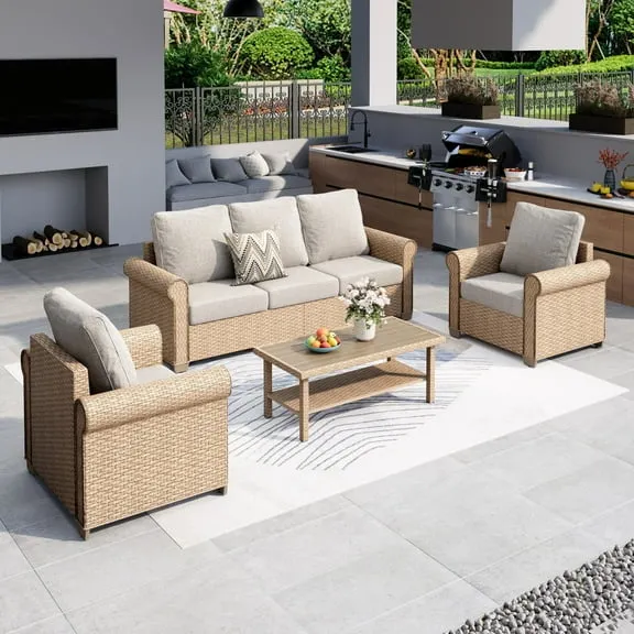 MF Studio 4-Piece Wicker Patio Furniture Set, 5-Seat Rattan Outdoor Furniture Set, Patio Conversation Set with Double-Tier Coffee Table, Beige $899.99 Was $1,409.99