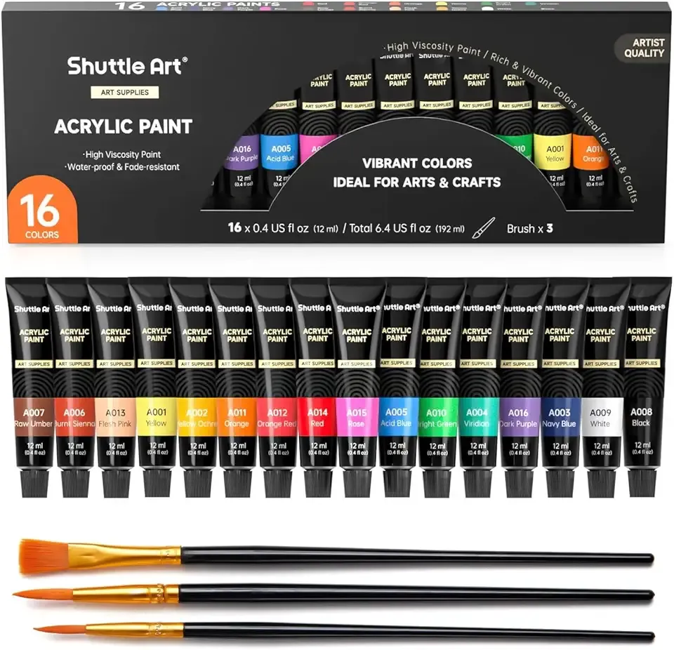 Shuttle Art Acrylic Paint Set, 16 x12ml Tubes Artist Quality Non Toxic Rich Pigments Colors Great for Kids Adults Professional Painting on Canvas Wood Clay Fabric Ceramic Crafts