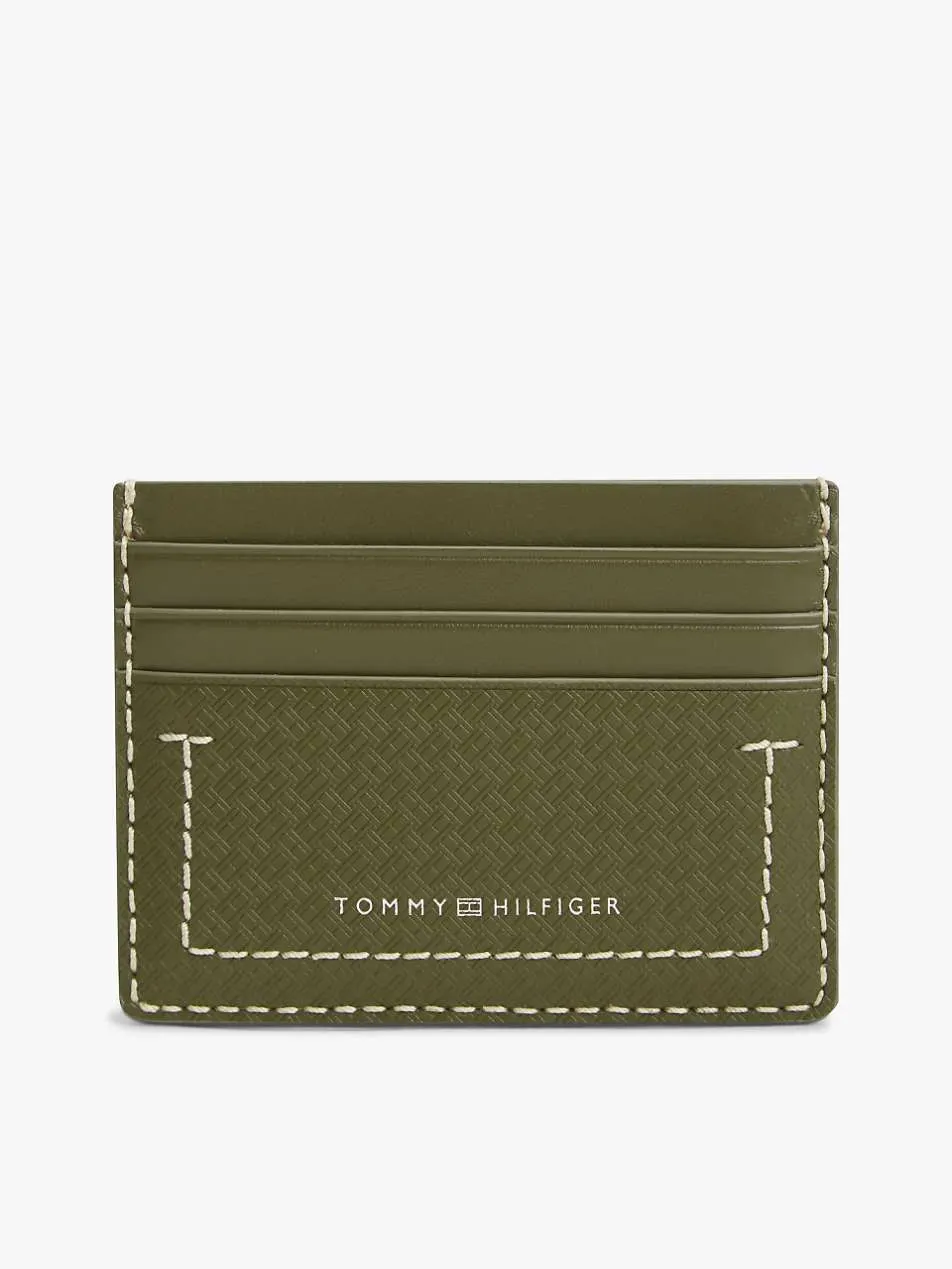 Tommy Hilfiger Embossed flag leather credit card holder in olive green