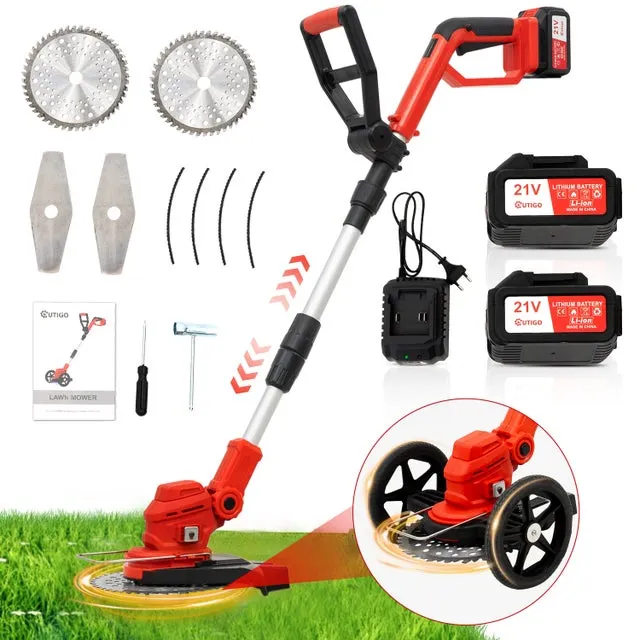 OUTIGO Tagliabordi elettrico pieghevole senza fili, tagliaerba senza spazzole, 2 batterie da 4000 mAh,