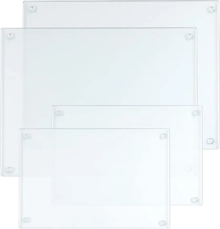 Hacaroa 4 Pack Tempered Glass Cutting Board with Rubber Feet, Rectangle Non-slip Chopping Board, Long Lasting Clear Glass Tray for Kitchen Countertop, Table, Shatter-Resistant, Heat-Resistant, 2 Size