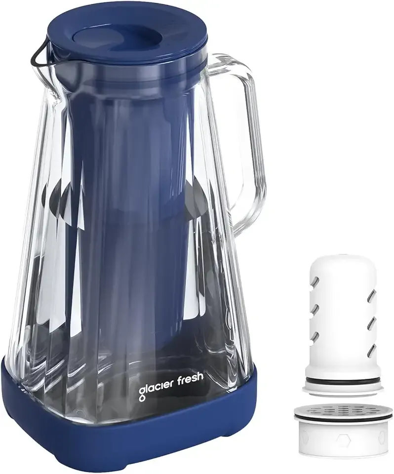 GLACIER FRESH 10 - Cup Purela Glass Water Pitcher With 2 Filters, Blue | Includes 1 Ultrafiltration Membrane and 1 Activated Carbon Filter, Reduces 99% Chlorine, PFOA&PFOS, Coliforms