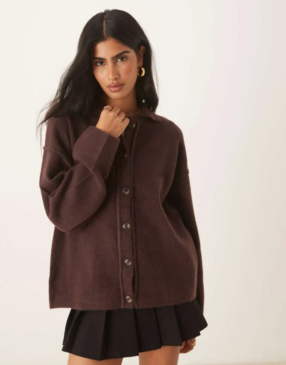 ASOS DESIGN knitted collar shirt cardigan with seam detail in plum