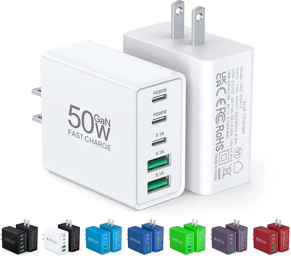2Pack USB C Fast Charger Block,50W 5-Port USB Wall Charger Brick,2 USB A & 3 USB C PD3.0 Power Adapter Multiport Type C Charging Plug for iPhone 17/16/15/14,Pad Mini/Pro,AirPods 4,GalaxyS25(White)