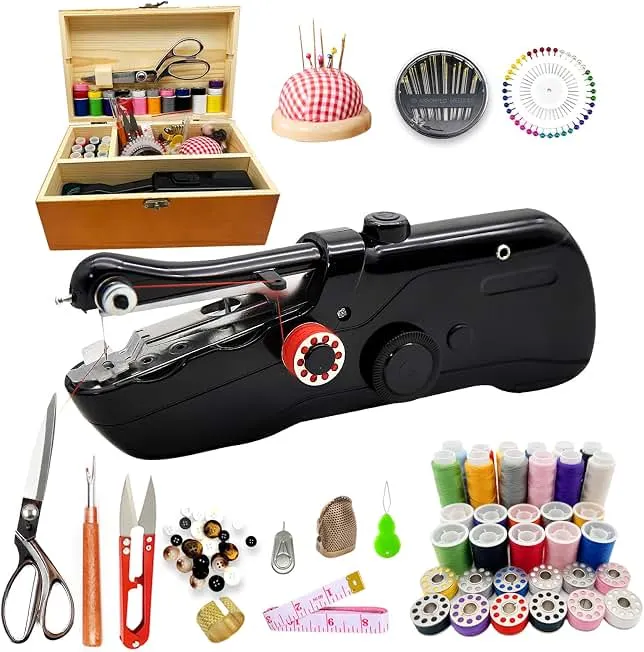Handheld Sewing Machine with Exquisite Wooden Storage Box & 142-Piece Sewing Kit - Electric Switch, Dual Power…