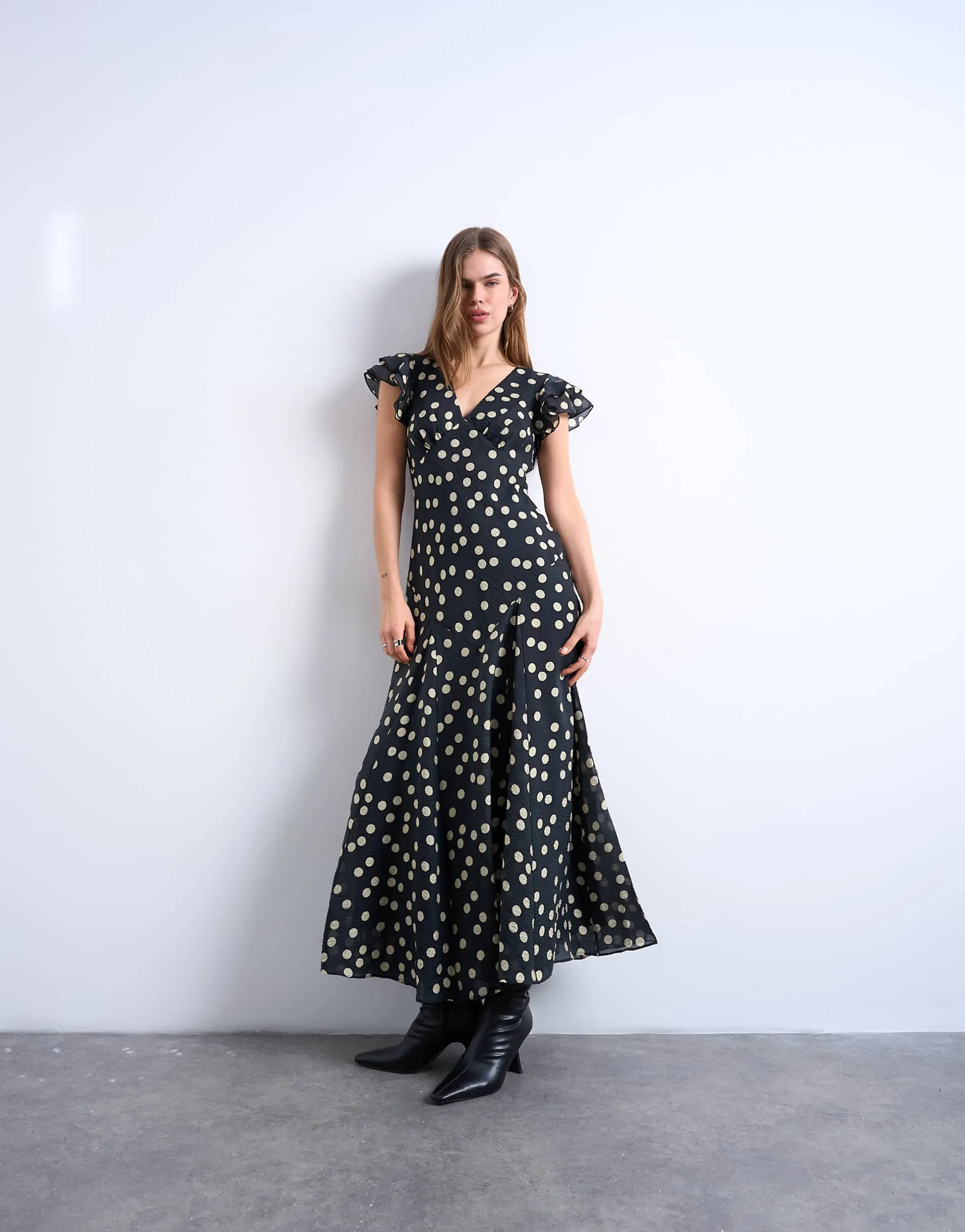 Topshop flutter sleeve v neck midi dress in mono spot