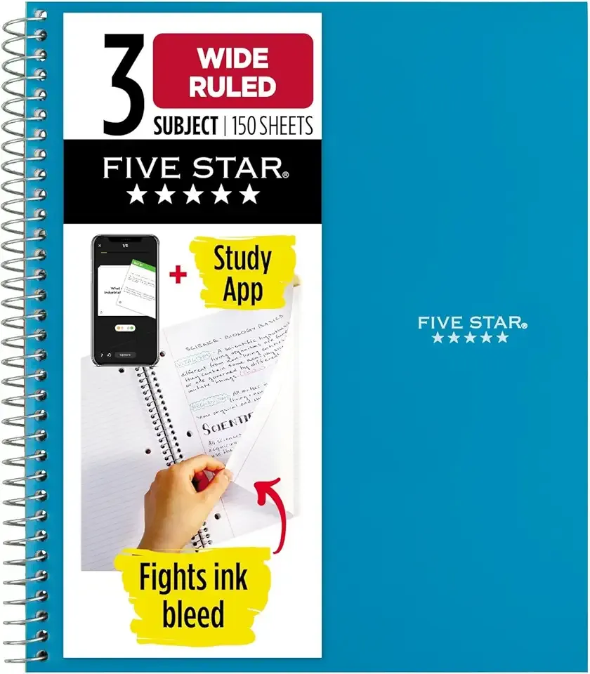 Five Star Spiral Notebook + Study App, 3 Subject, Wide Ruled Paper, 8" x 10-1/2", 150 Sheets, Fights Ink Bleed, Water Resistant Cover, Tidewater Blue (73184)