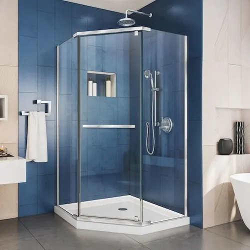 DreamLine Prism 36 in. D x 36 in. W x 74.75 in. H Neo-Angle Corner Shower Kit Enclosure with White Base, Corner Drain & Clear Glass Pivot Door in Chrome (No Shower Wall)