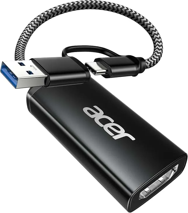 acer Video Capture Card HDMI to USB 3.0, 1080P 60FPS/2K 30FPS for Streaming | Plug and Play with Type-C & Type-A Ports, Compatible with iPad, macOS, Windows, Switch2, PS5/4, Quest3, Camera, OBS, Xbox