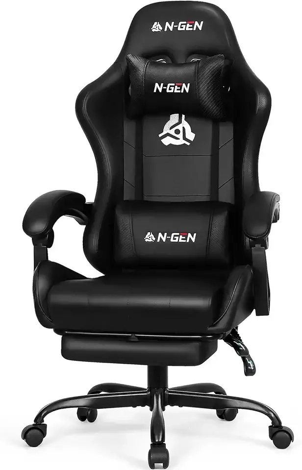 N-GEN GAMING Video Gaming Chair with Footrest Lumbar Support for Home Office High Back Recliner Height Adjustable Ergonomic Comfy Leather Computer Desk Chair (Carbon Black)