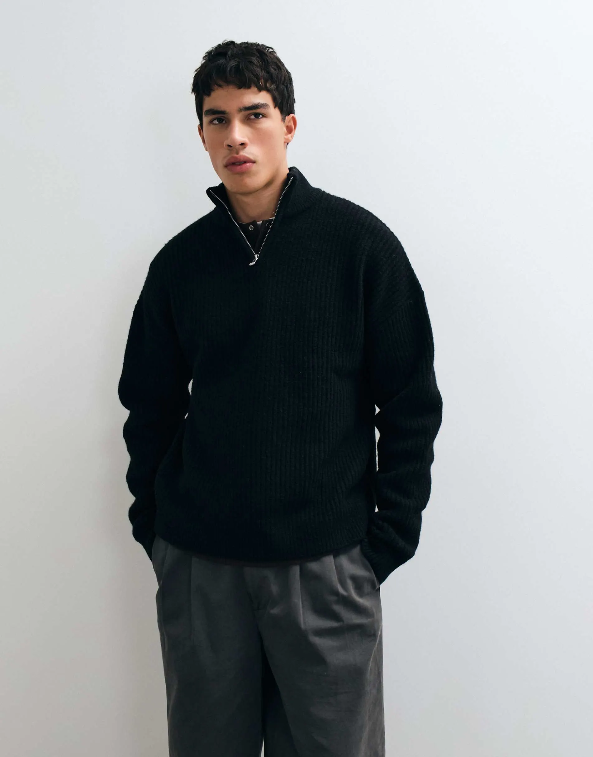 ASOS DESIGN super oversized knitted wool blend half zip rib jumper in black