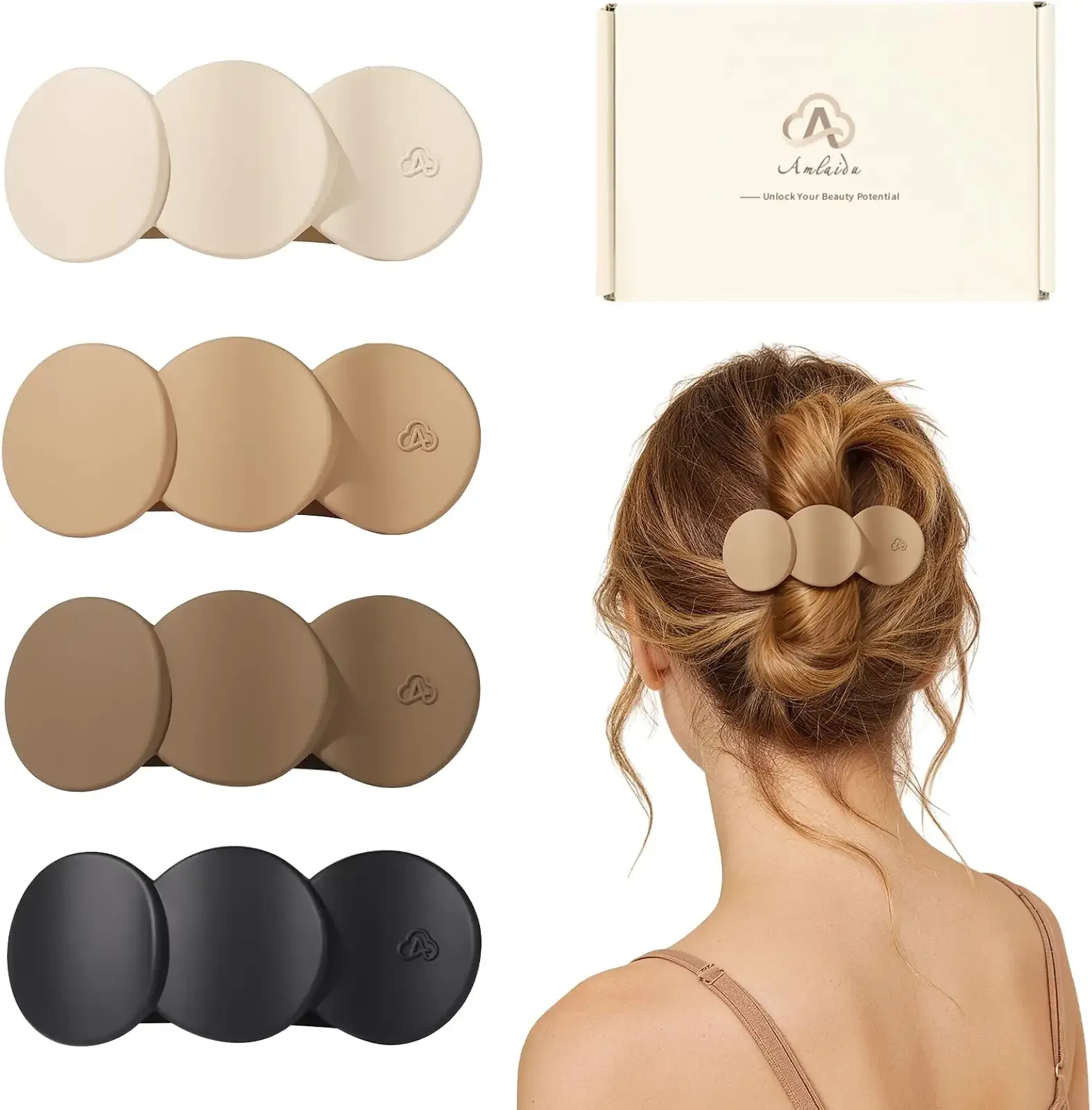 Medium Flat Hair Clips for Women, French Claw Clips Strong Hold for Thick & Thin Hair, Duckbill Hair Clips Non Slip for Driving Yoga - Beige, Light Khaki, Dark Khaki, Black, 4pcs