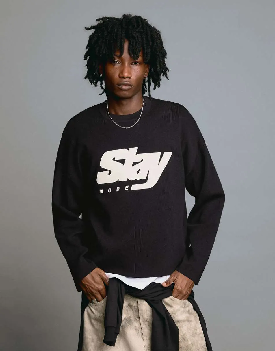 Bershka Printed round neck jumper in black