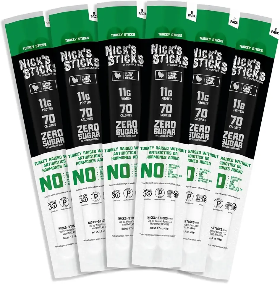 Nick's Sticks Clean & Balanced Free Range Turkey Snack Sticks | Made in the USA | Gluten Free | Paleo, Keto, Whole30 Approved | No Soy, Antibiotics or Hormones (6 – 1.7oz. Packs of 2 Sticks)