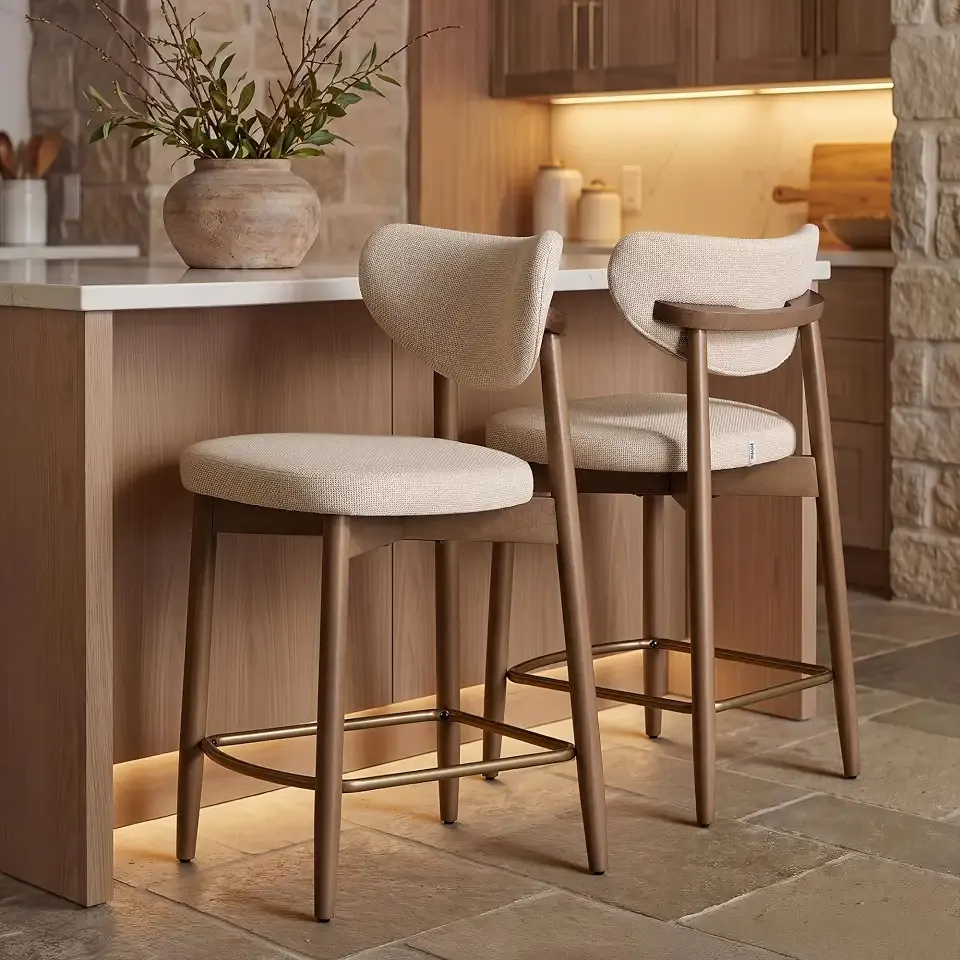 VASAGLE Wooden Bar Stools Set of 2, Linen-Look Fabric, Cappuccino Beige | Barstools with Solid Wood Legs, Ergonomic Backrest, Mid Century Modern, for Kitchen Island, Linen-Look Fabric