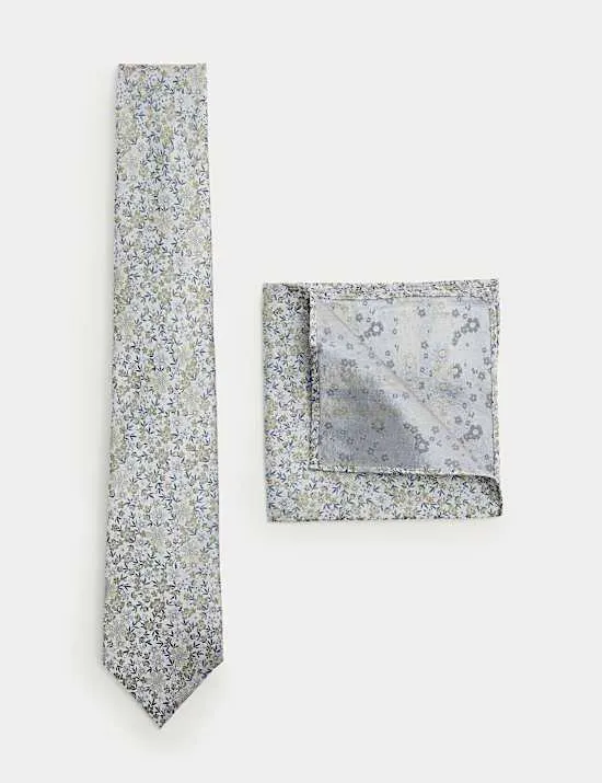 Pure Silk Small Floral Tie and Hank Set