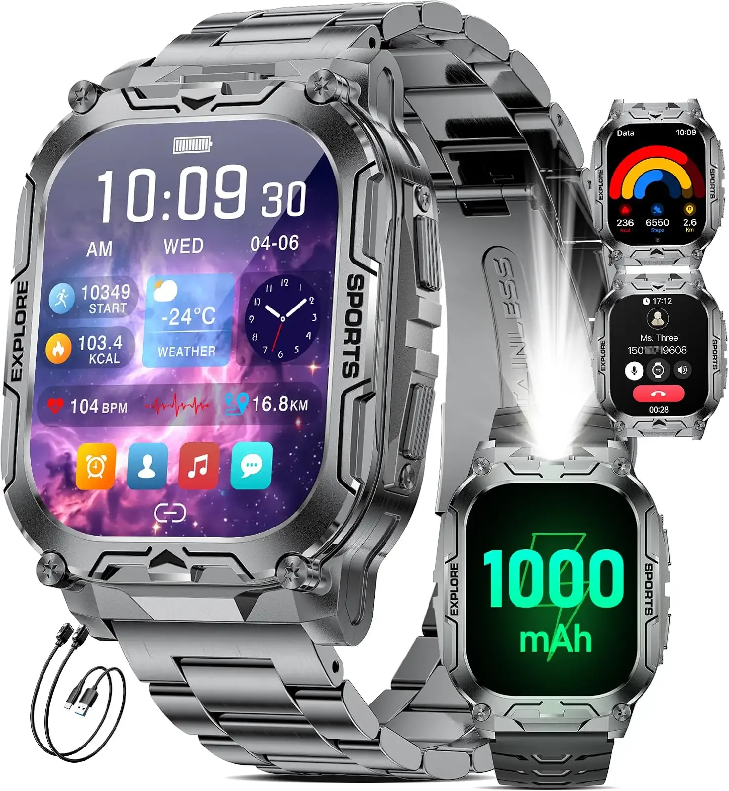 TX12 Smart Watch for Men, 1000 mAh Battery/LED Flashligh Military Smart Watches, 2.01'' HD Fitness Tracker, 100+ Sports Mode/Pedometer/IP68 Waterproof Smartwatch for Android iOS Phones, Black
