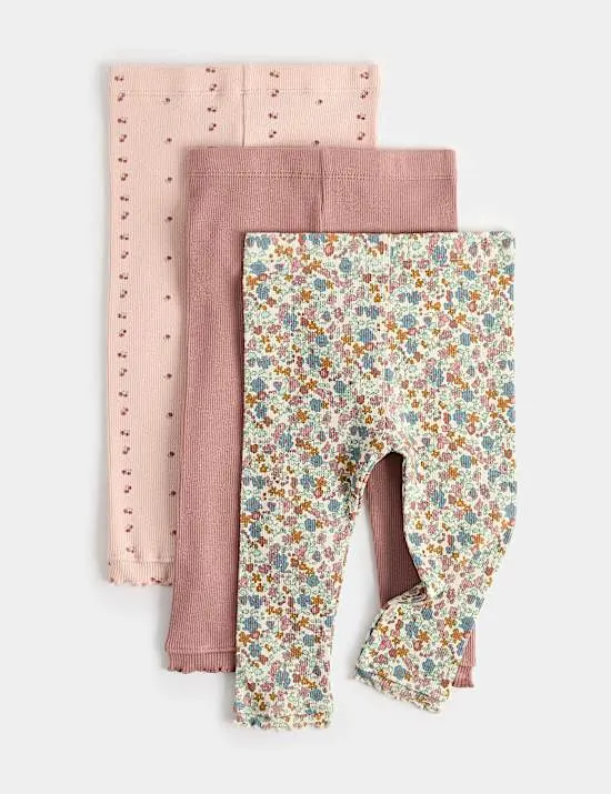 3er-Pack Jersey-Leggings mit hohem Baumwollanteil und Blumenmuster (0–5 Jahre)