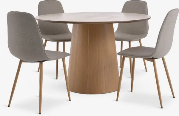 KLIPLEV + BISTRUP KLIPLEV Ø120 tafel naturel eiken + 4 BISTRUP stoelen zand