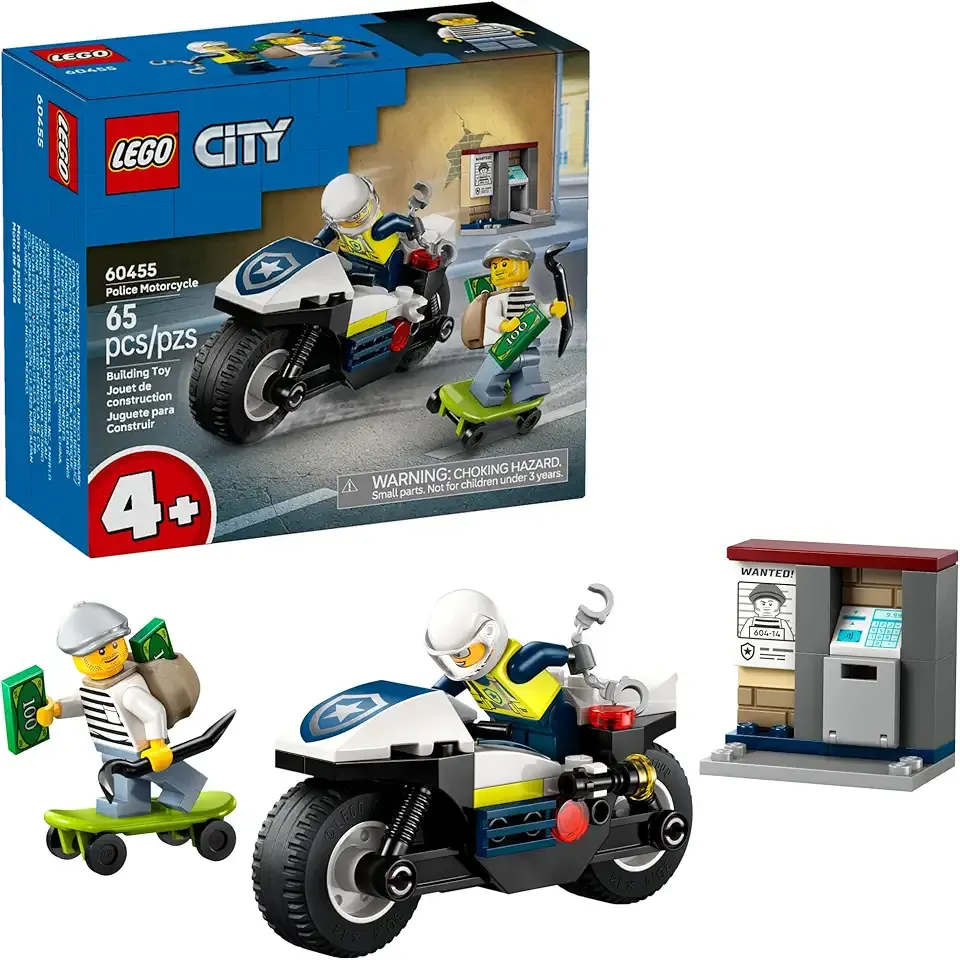 City Police Motorcycle Chase Building Toy for Kids - Pretend Play Building Blocks for Boys & Girls, Ages 4+ - Preschool Learning Toy W/Police & Crook Minifigures - Gift for Birthdays - 60455