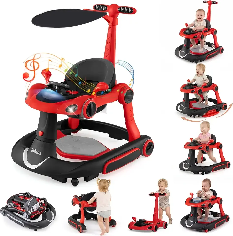 INFANS 9-in-1 Foldable Baby Walker with Handle, Sun Canopy, Red