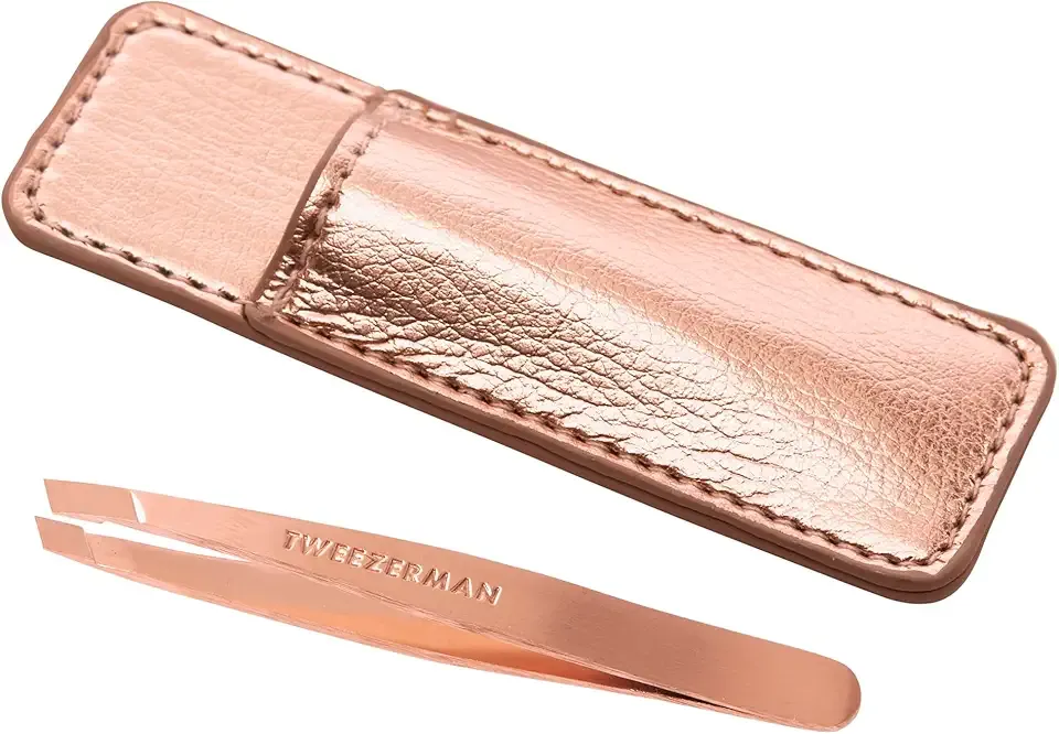 Tweezerman Rose Gold Mini Slant Tweezer with Case - Eyebrow Tweezers for Women and Men