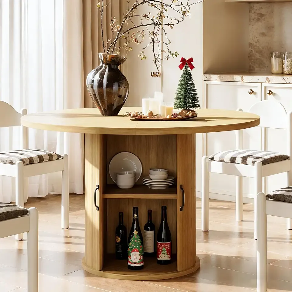 47" Round Dining Table for 4, Modern Fluted Circle Table with 2-Layer Storage and Sliding Door, Farmhouse Dinner Tables for Kitchen, Living Room, Natural