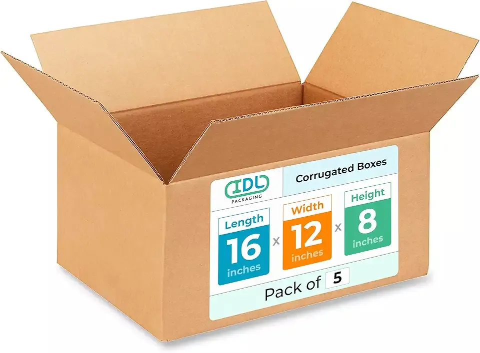Medium Shipping & Moving Boxes 16 x 12 x 8 inches (5-Pack) - Extra Strength 200 lb vs Regular - USA-Made Corrugated Packing Boxes for Moving - Cardboard Packing Box for USPS, FedEx by IDL Packaging