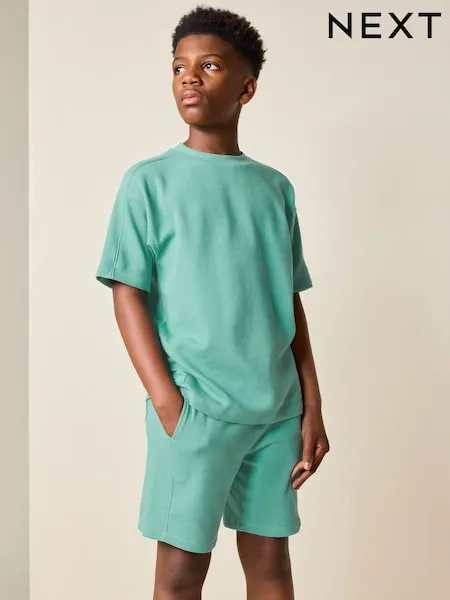Green Textured Short Sleeve T-Shirt and Shorts Set (3-16yrs)