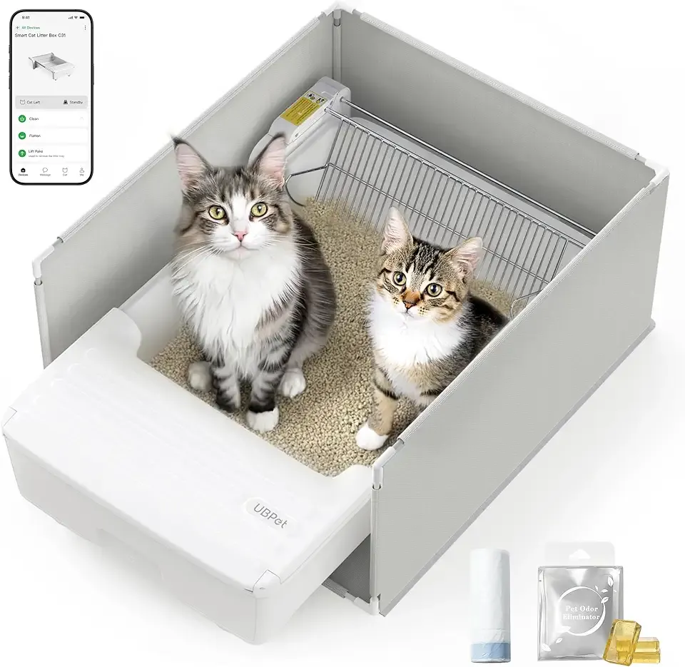 UBPET Automatic Cat Litter Box, Open-Top Self Cleaning Litter Box for Multiple Cats, Weight Sensors Safety Protection, Smart APP Control, Odor-Free Waste Disposal, Works with Bentonite Mineral Litter
