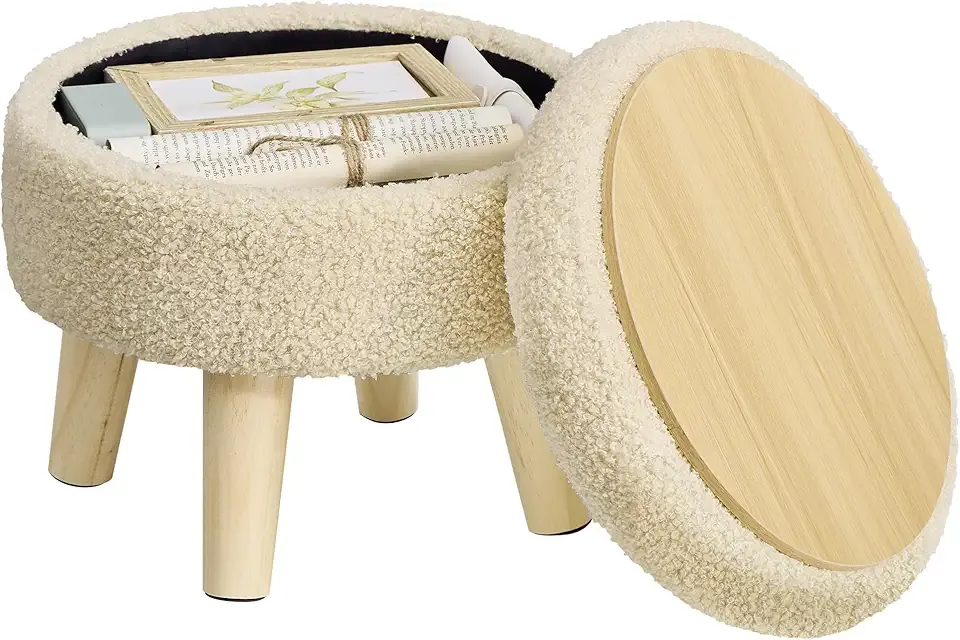 Storage Ottoman, Foot Stool, Round Ottoman with Padded Seat, Foot Rest with Wood Legs, Small Table, for Hallway, Living Room, 12.2 Inches, Teddy Fleece, Summer Sand ULOM515LF01