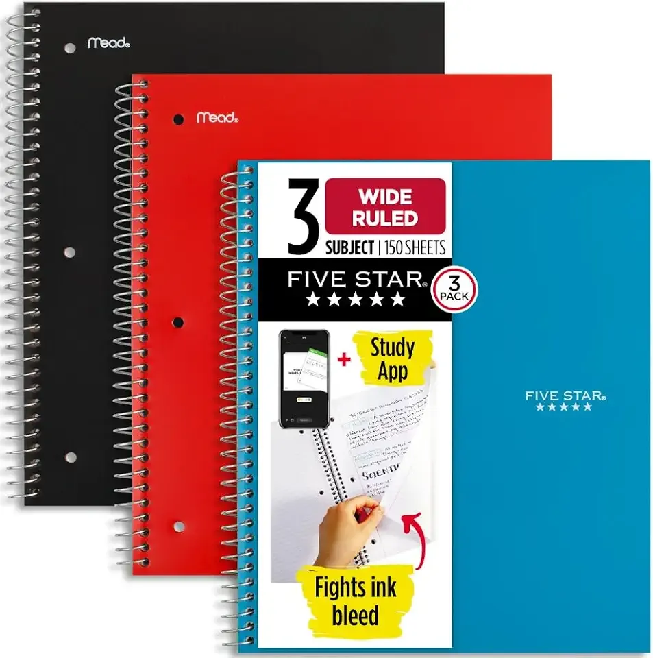 Five Star Spiral Notebook + Study App, 3 Pack, 3 Subject, Wide Ruled Paper, 8" x 10-1/2", Tidewater Blue, Fire Red, Black (930081)