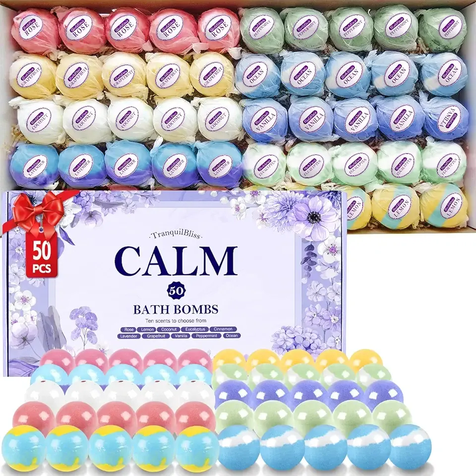 TranquilBliss Bath Bombs for Women, 50 PCS Set with 10 Rich Scents, Natural Bubble Bathbombs, Dry Skin Moisturizing, Present for Christmas, Mother’s Day, Birthday, for Mom, Wife, Her, Girls