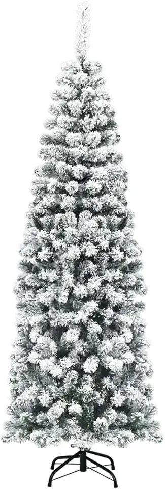 Goplus 6ft Snow Flocked Pencil Tree, Unlit Artificial Hinged Christmas Tree with Metal Stand, Slim Xmas Snowy Tree for Indoor and Outdoor Use