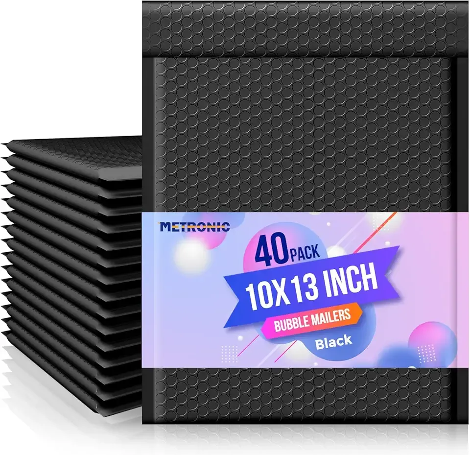 Metronic Bubble Mailer 10x13" Black 40 Pack, Poly Padded Envelopes Waterproof Shipping Bags for Clothing, Self Seal Cushioning Mailers for Shipping Books, Jewelry, Makeup Supplies