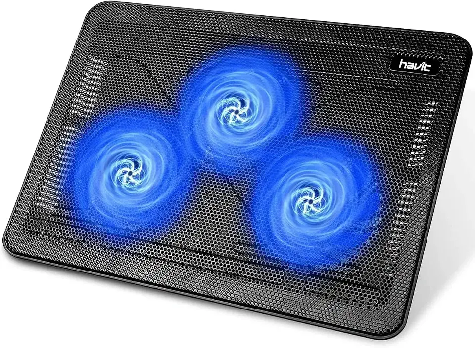 havit HV-F2056 15.6"-17" Laptop Cooler Cooling Pad - Slim Portable USB Powered (3 Fans), Black/Blue | Three quiet USB-powered fans circulate air below the laptop, two height settings improve viewing and typing comfort