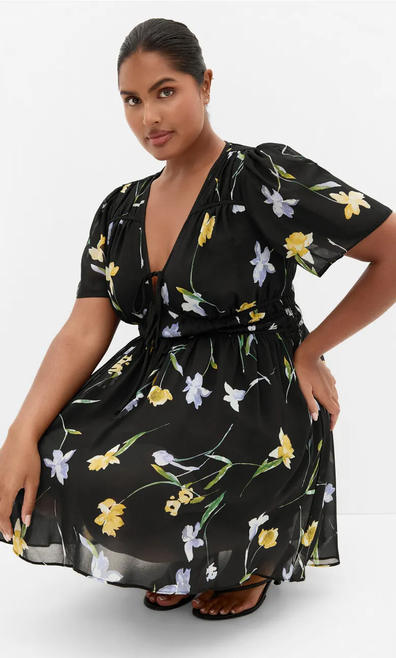 Petal Print Mini Dress - black