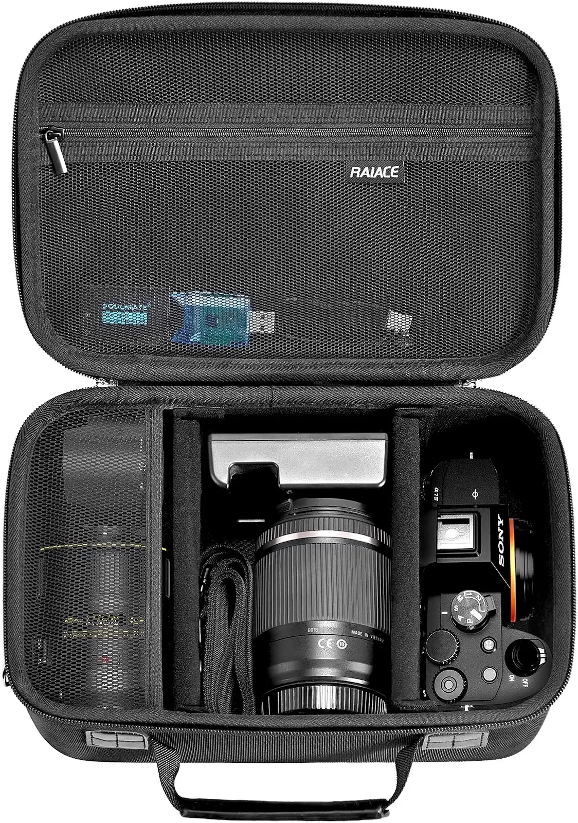 RAIACE Hard Case Compatible with Sony Alpha 7 II III IV/7R V Camera, for Nikon, for Canon, for Pentax and More.Large Capacity With Mesh Pocket for Lens, Charger, Cables, Cards and Accessories.-Black