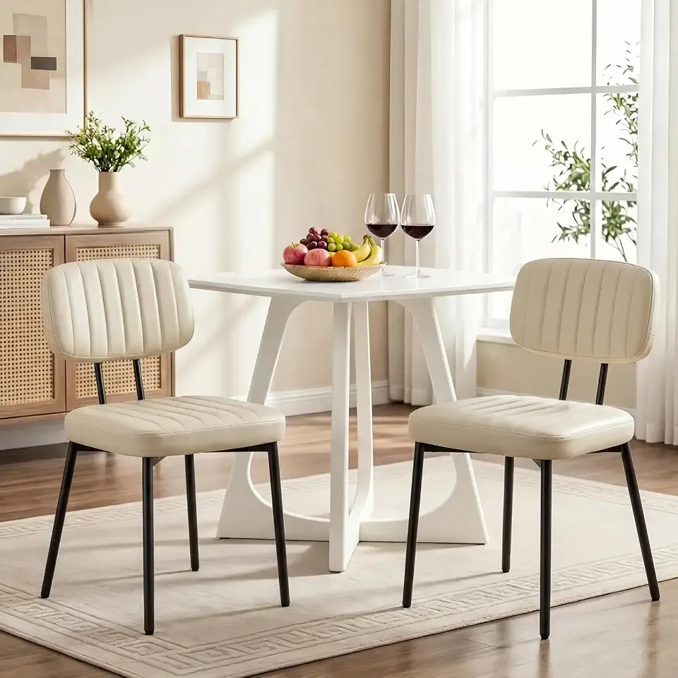 Dining Chairs Set of 2, PU Leather Upholstered Kitchen Chairs | Metal Legs, Mid Century Shell Style Backrest for Dining Living Room, Beige White