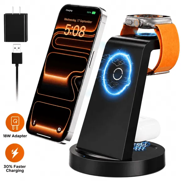 Deal ETEPEHI 18W Wireless Charger for iPhone - 3 in 1 Charging Station Compatible with iPhone 17/16e/16/15/14/13/12 Pro Max, for iWatch & Air Pods 4 3 Pro, Black $17.88