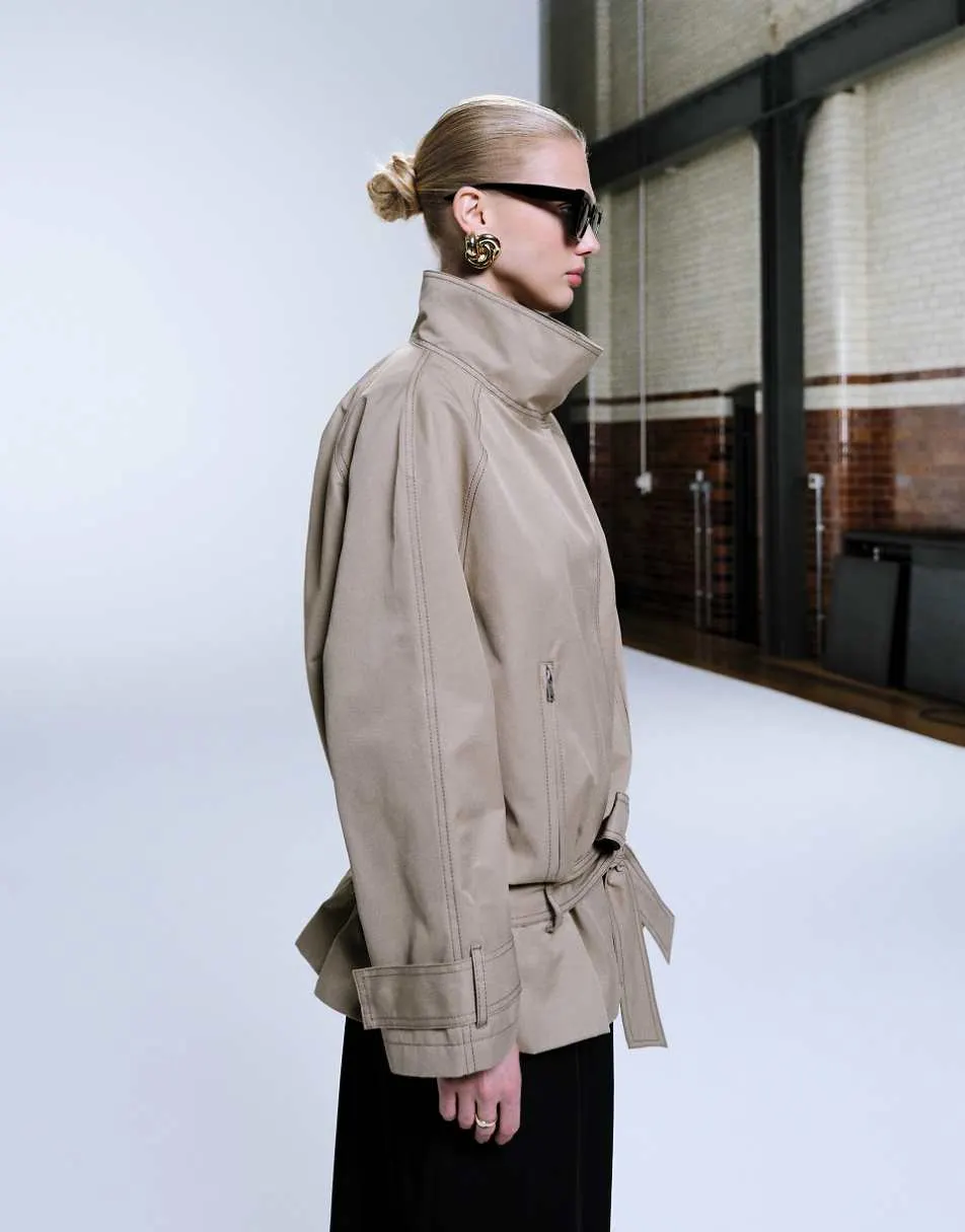 ASOS DESIGN drop belt mid length trench coat in stone