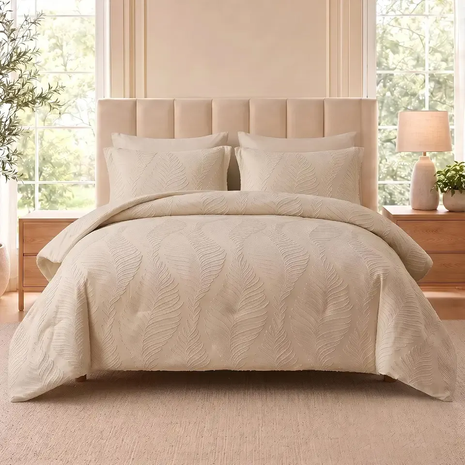 MURT Beige Queen Comforter Set 7 Pieces | Tufted Boho Comforter Set Leaves Floral Farmhouse Shabby Chic Bedding Sets for All Seasons Sheets, Pillowcases & Shams