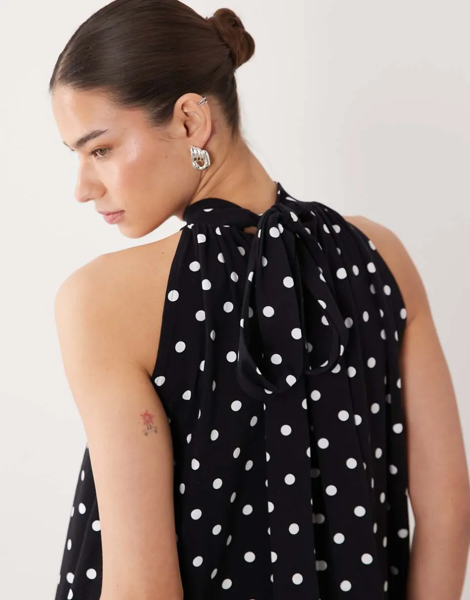 ASOS DESIGN bow detail mini dress in mono polka dot