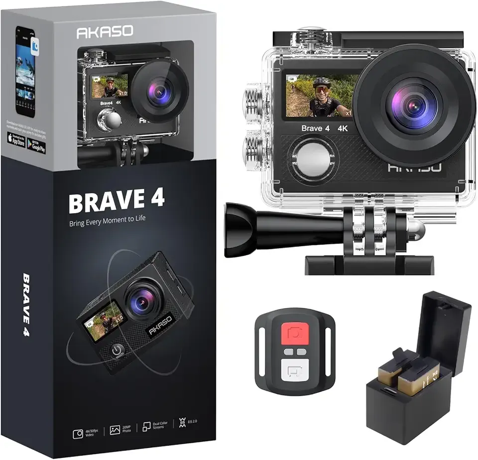 AKASO Brave 4 Action Camera 4K 30fps with 64GB MicroSD U3 Card Bicycle Helmet Accessories Kit Bundle, 20MP Ultra HD 131FT Waterproof Underwater Camera EIS WiFi Remote Control 5X Zoom Sport Cameras