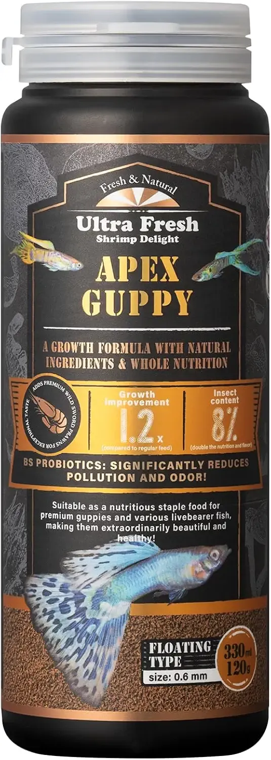 Ultra Fresh Apex Guppy Fish Food, Growth Formula with Natural Ingredients & Whole Nutrition 4.23oz